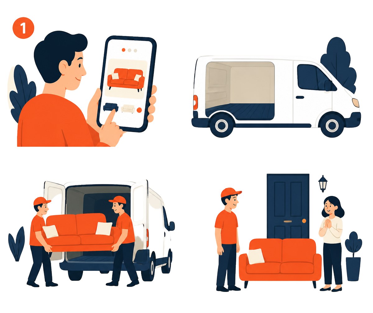 Four steps: 1. a customer choosing a sofa online, 2. a nearby van with spare space, 3. the sofa being loaded, and 4. the sofa arriving at the front door.