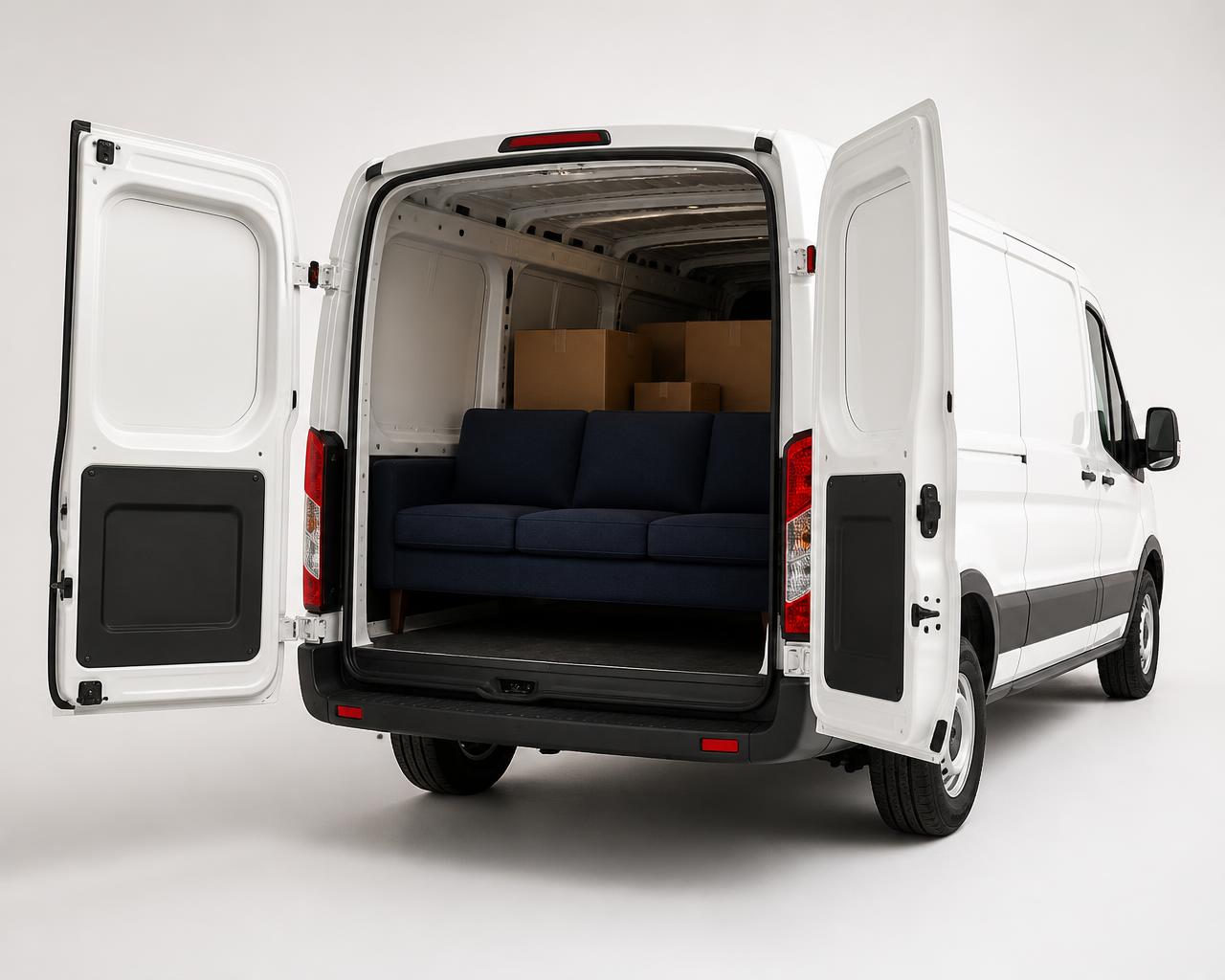White delivery van with rear doors open, loaded with a navy sofa and boxes.